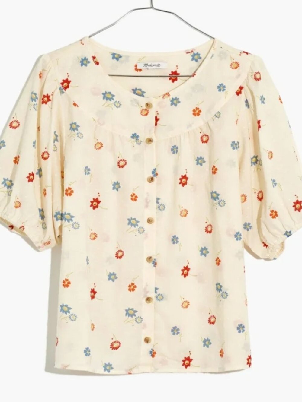 XXS Madewell Retro Floral Bubble Sleeve Swiss Dot Shirt